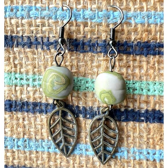 Artisan Brass Leaf with Green Swirl Clay Bead Dangle Earrings 2.5" Long - Picture 4 of 4